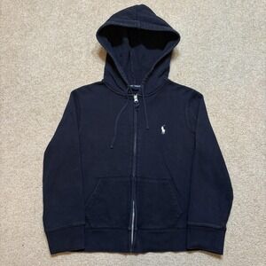 Vtg Ralph Lauren Sport Hoodie Womens Large Navy Full Zip Sweatshirt Classic Logo